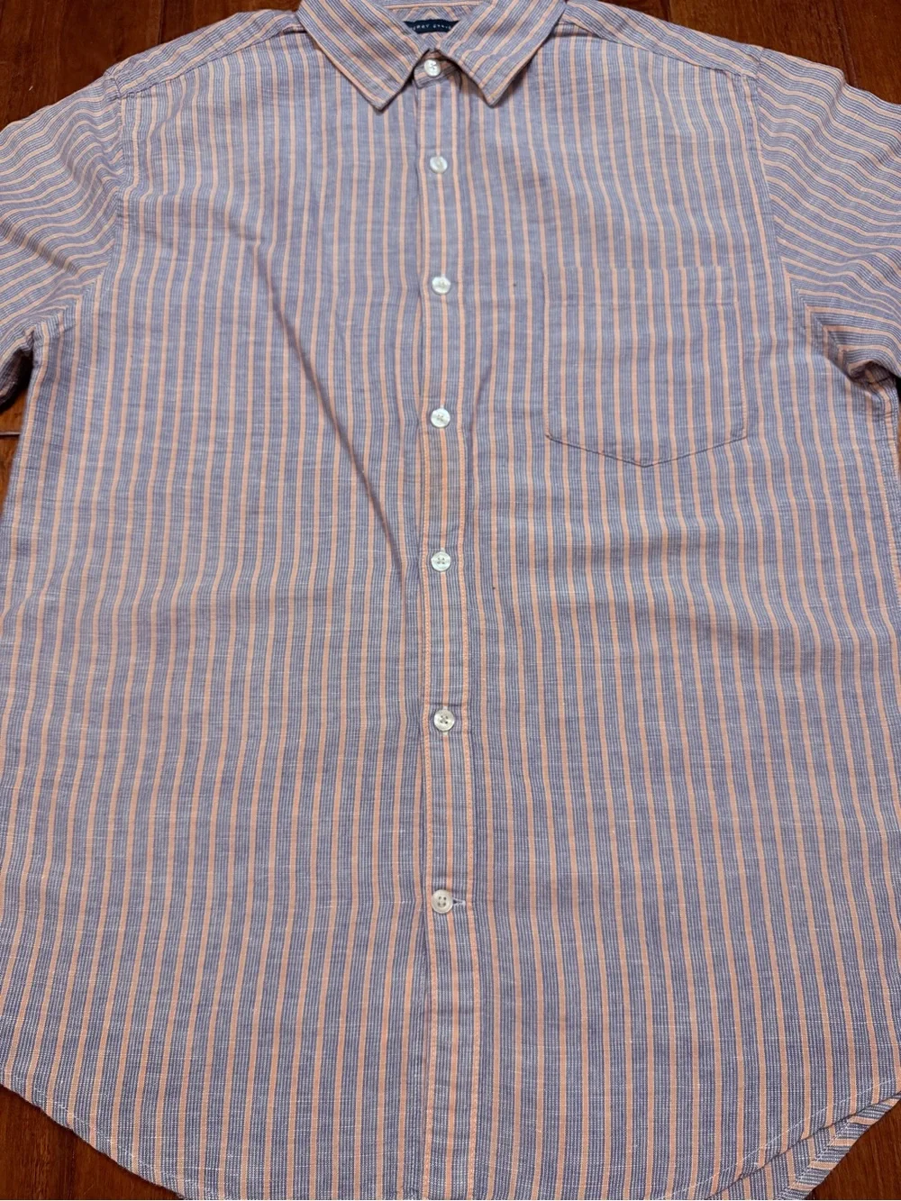 Perry Ellis Blue and Pink Striped Short-Sleeve Button-Down Shirt